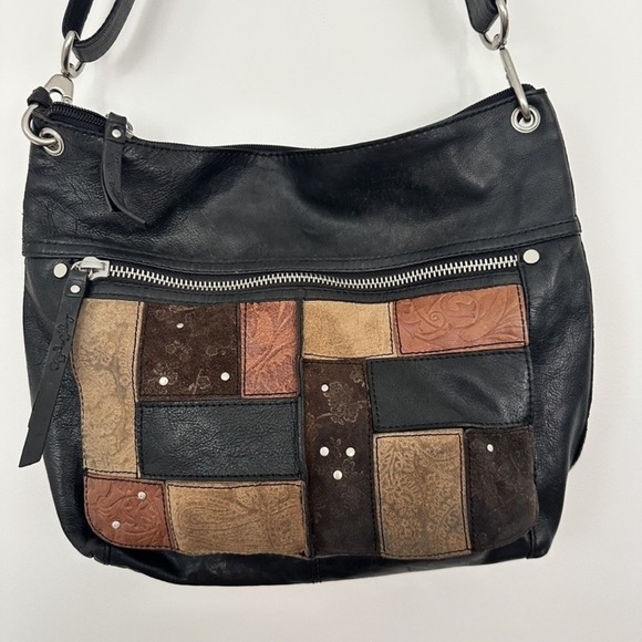Fossil Shoulder Bag Black Patchwork Leather Boho Y2K 2000 Adjustable Strap Purse - Picture 4 of 12